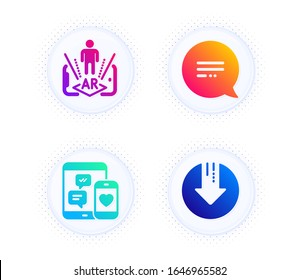 Augmented reality, Social media and Text message icons simple set. Button with halftone dots. Download arrow sign. Phone simulation, Mobile devices, Chat bubble. Crisis. Technology set. Vector