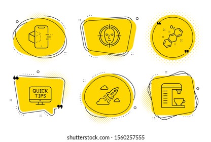 Augmented reality, Startup rocket and Coffee machine signs. Chat bubbles. Face detect, Web tutorials and Chemical formula line icons set. Select target, Quick tips, Chemistry. Phone simulation. Vector