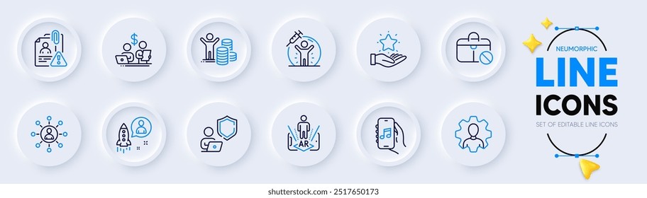 Realidade aumentada, ícones da linha de proteção contra Inicialização e Vacinas para aplicativo Web. Pacote de ícones do pictograma do aplicativo de música, profissionais e sem emprego. Rede, programa de fidelidade, sinais de contabilidade de orçamento. Vetor