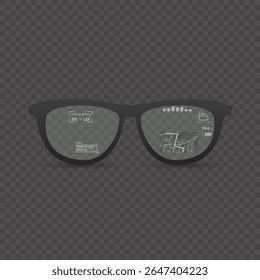 Augmented reality stylish optical glasses. Eyeglasses with user interface in lens, map with gps pin and message. Modern AR goggles with futuristic UI digital screen. Vector on opacity background.