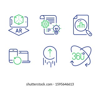 Augmented reality, Swipe up and Analytics graph line icons set. Cogwheel, Recovery devices and Full rotation signs. Phone simulation, Scrolling page, Chart report. Idea bulb. Science set. Vector