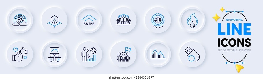Augmented reality, Swipe up and Flammable fuel line icons for web app. Pack of Leadership, Sports stadium, Work home pictogram icons. Employees wealth, Lgbt, Justice scales signs. Like. Vector