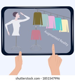 Realidad aumentada. Tableta, aplicación, tienda de ropa, maniquíes - conexión virtual de suéter. Tecnologías modernas. Proyecto de negocios de Internet.
