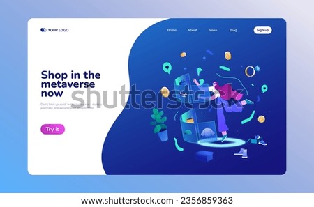 Augmented reality technologies landing page. Woman customer in vr headset with glasses choose garment on hologram screen. Shopping in metaverse banner template. Commerce and retail in virtual reality.