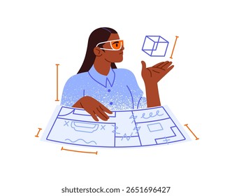 Tecnologia de realidade aumentada no conceito de construção. Engenheiro em óculos AR interagindo com desenho 3D virtual. Garota faz design de interiores com óculos de realidade virtual. Ilustração de vetor isolado plano em branco