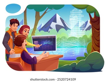 Augmented reality technology and creation of construction project. Cartoon vector men in uniform and woman near table with pc screen design bridge and building with instant visualization in forest.