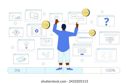 Augmented reality technology in education. Gamification. Collect coins to achieve the learning goals. Motivation for long study. Vector illustration.