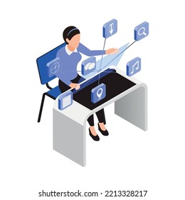 Augmented reality technology isometric icon with woman using virtual interface 3d vector illustration