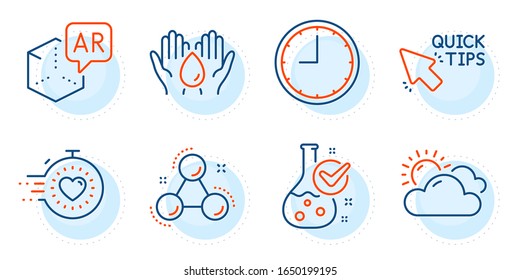 Augmented reality, Timer and Chemistry molecule signs. Safe water, Chemistry lab and Sunny weather line icons set. Time, Quick tips symbols. Hold drop, Laboratory flask. Science set. Vector