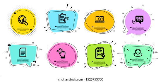 Augmented reality, Touchscreen gesture and Report checklist line icons set. Chat bubbles with quotes. Megaphone checklist, Quick tips and Document signs. Seo analysis, Seo laptop symbols. Vector