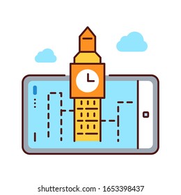 Augmented reality tourism color line icon. Big ben projection in smartphone. Pictogram for web page, mobile app, promo. UI UX GUI design element. Editable stroke