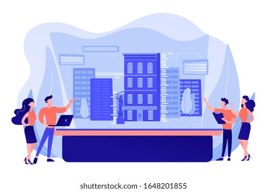 Augmented reality urban modeling, city VR experience. Interactive design visualization, virtuality architecture, virtual reality experiences concept. Pinkish coral bluevector isolated illustration