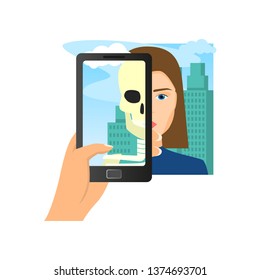 Augmented reality using smartphone saw woman skull