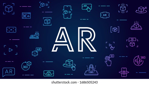 Augmented Reality Vector Background. AR And VR Futuristic Background With Line Icons And Gradients For Web Design, Mobile Apps, Ui Design And Print. Innovative Technologies Business Concept