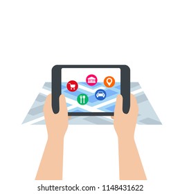Augmented reality - vector concept with tablet holding in hands and places of interest on device screen