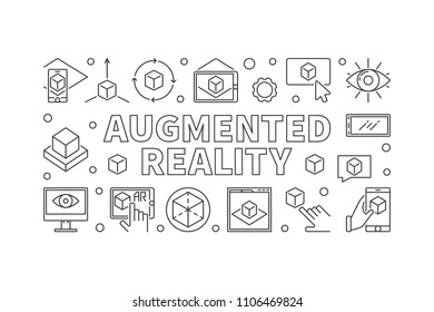 Augmented reality vector horizontal illustration or banner made with outline AR icons on white background