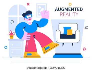 Augmented Reality Vector Illustration featuring Virtual Reality Technology, Gaming, and Education with a Headset and Interactive VR Touch Interface