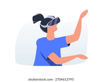 Ilustração do Vetor de Realidade Aumentada com Tecnologia de Realidade Virtual, Jogos e Educação com um Headset e Interface de Toque VR Interativa. pessoas usando headset vr. jogar, aprender