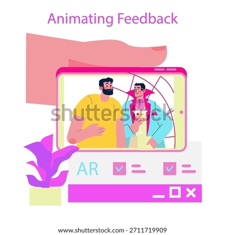 Augmented reality vector illustration showing a smartphone screen with two animated characters discussing feedback. The scene highlights digital communication and AR technology.