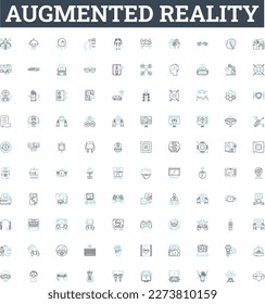 Conjunto de iconos de línea vectorial de realidad aumentada. Signos y símbolos de esquema de ilustración aumentados, realistas, AR, 3D, mixtos, virtuales e interactivos