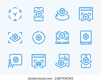 Augmented Reality vector line icons. Object projection and Interactive simulation outline icon set. Online Projection, 3D, Guidebook, Volumetric View, Website, Scan and more.