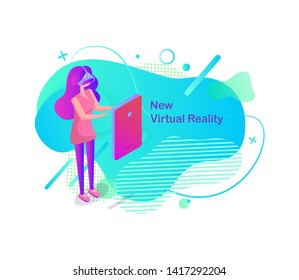 Augmented reality vector, person wearing special vr glasses to see new virtual shapes, gadget with abilities and opportunities for users, banner flat style