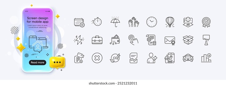Augmented reality, Verified mail and Open box line icons for web app. Phone mockup gradient screen. Pack of Air balloon, Decreasing graph, Time pictogram icons. Vector