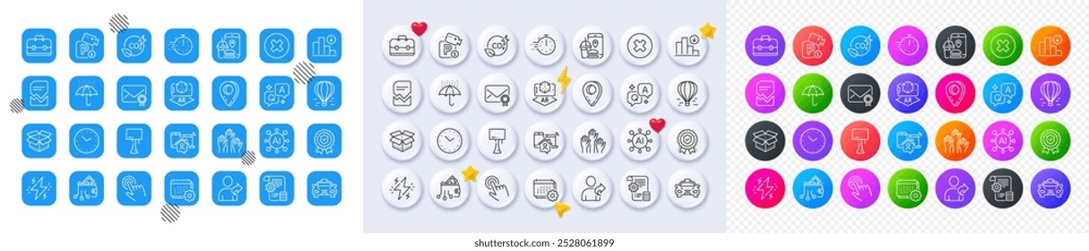 Augmented reality, Verified mail and Open box line icons. Square, Gradient, Pin 3d buttons. AI, QA and map pin icons. Pack of Air balloon, Decreasing graph, Time icon. Vector