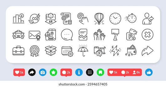 Augmented reality, Verified mail and Open box line icons pack. Social media: share, comment, like icons. Air balloon, Decreasing graph, Time web icon. Vector