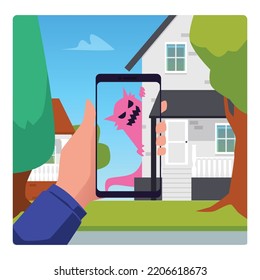 Augmented reality video game, flat vector illustration. Combination of real and virtual worlds. Person points mobile phone at house and sees monster on the screen. Futuristic technology of AR.