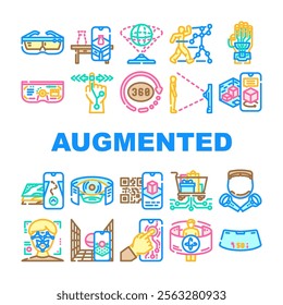 augmented reality virtual ar vr icons set vector. immersive technology, simulation interactive, experience digital, overlay augmented reality virtual ar vr color line illustrations