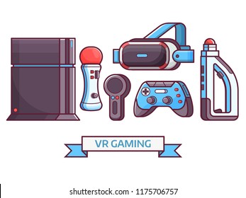 Augmented reality and virtual gaming icon set with VR devices and gadgets. Cyberspace and virtual reality concept banner with gamer elements and equipment. Such as headset, controllers and console.
