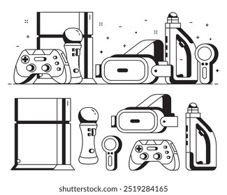 Augmented reality and virtual gaming icon set with VR devices and gadgets. Cyberspace and virtual reality concept banner with gamer elements and equipment. Such as headset, controllers and console.