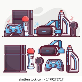 Augmented reality and virtual gaming icons with VR devices and gadgets. Cyberspace and virtual reality concept banner with gamer lifestyle elements and equipment. Such as headset, controllers and cons