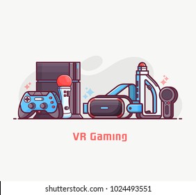 Augmented reality and virtual gaming lifestyle illustration with VR devices and gadgets. Cyberspace and virtual reality concept banner with gamer elements. Such as headset, controllers and console.