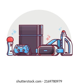 Augmented reality and virtual gaming scene with VR devices and gadgets. Cyberspace and virtual reality line illustration with gamer elements. Such as headset, controllers and console.