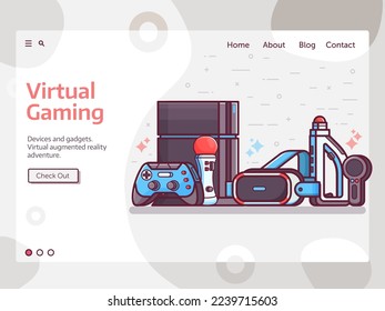 Augmented reality and virtual gaming web banner with VR devices and gadgets. Cyberspace and virtual reality landing page template with gamer elements. Such as headset, controllers and console.