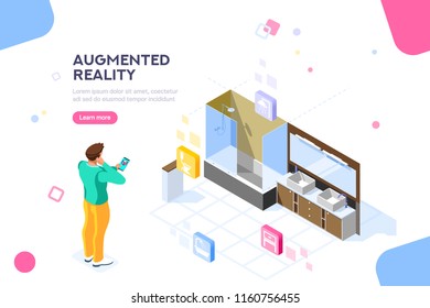 Augmented reality visualization on device. Character on a concept of furniture application to build interior catalog for shop. Futuristic app interaction. Vr concept or ar. Flat isometric illustration
