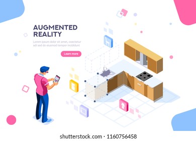 Augmented reality visualization on device. Character on a concept of furniture application to build interior catalog for shop. Futuristic app interaction. Vr concept or ar. Flat isometric illustration