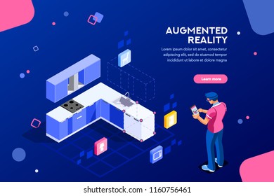 Augmented reality visualization on device. Character on a concept of furniture application to build interior catalog for shop. Futuristic app interaction. Vr concept or ar. Flat isometric illustration