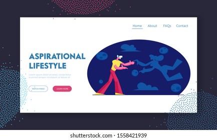 Augmented Reality and Vr Glasses Website Landing Page. Young Man Wearing Virtual Reality Headset Having Experience with 3d World, Futuristic Technology Web Page Banner. Flat Vector Illustration
