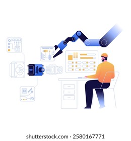 Augmented Reality vs. Virtual Reality. Technician operates a robotic arm with a control panel. Integration of augmented and virtual reality in industrial automation and smart manufacturing