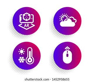 Augmented reality, Weather thermometer and Sunny weather icons simple set. Halftone dots button. Swipe up sign. Phone simulation, Temperature, Summer. Scrolling page. Science set. Vector