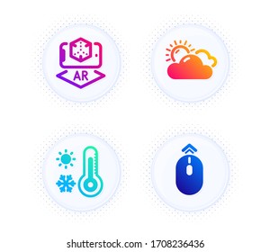 Augmented Reality, Wetterthermometer und Sunny Wetter Symbole einfache Set. Taste mit halftonischen Punkten. Abwischen Sie das Schild. Telefonsimulation, Temperatur, Sommer. Bildlaufseite. Wissenschaftsset. Vektorillustration