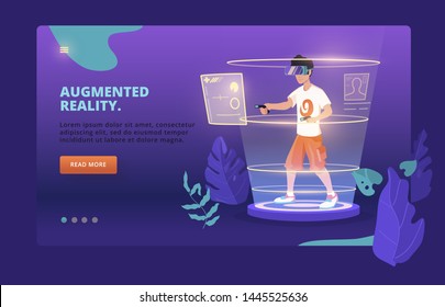 Augmented reality web banner. Slider design of Virtual Reality Technology Smart Gaming. Conceptual Vr games. Man wearing virtual reality headset. Neon slide guy plays computer games in his room.