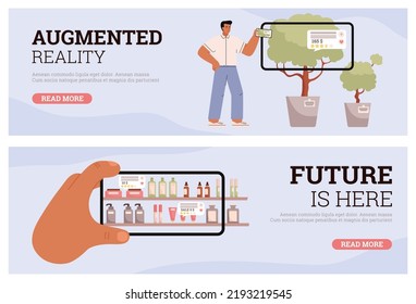 Augmented Reality Web Banners Set, People Looking At Real World Through Smartphone Innovations, Vector Illustration. Futuristic Shopping With AR. Hand Holds Phone With Prices Of Items On Shelf.