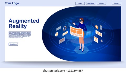 Augmented reality webpage vector template with isometric illustration. Website interface design. Futuristic digital technology. Virtual reality UI 3d concept. Woman in VR headset. Web banner idea
