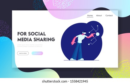Augmented Reality Website Landing Page. Man Using Virtual Reality Glasses and Touching Vr Interface. Amazing Experience in Abstract Fantasy World Web Page Banner. Cartoon Flat Vector Illustration