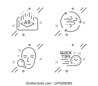 Augmented reality, Wind energy and Face search line icons set. Quick tips sign. Phone simulation, Breeze power, Find user. Helpful tricks. Science set. Line augmented reality outline icon. Vector