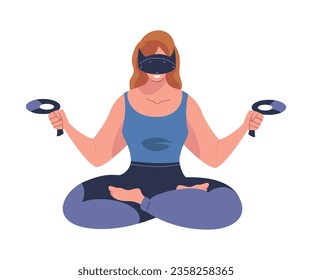 Augmented Reality with Woman Character Sitting in Virtual Reality Glasses Playing Game on Simulator Vector Illustration